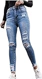 SKYWPOJU Damen Skinny High Waist Jeans Stretch Jeanshose Elegant Röhrenjeans Frauen Risse Ripped Lang Eng Denim Hose Destroyed Jeggings (Color : Blue, Size : XL)