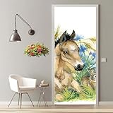 Türtapete Selbstklebend 77X200 cm Türaufkleber 3D Türfolie Selbstklebend Pferd Kaninchen Klebefolie Tür Türposter Tür Folie PVC Wasserfest Wandbild für Schlafzimmer Wohnzimmer Bad Tür Tapete -MT1349
