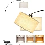 LED Stehlampe Wohnzimmer Bogenlampe, Beige Leinen Stoff Lampenshirm und Marmorfuß, 3 Farbtemperaturen E27 LED, Modern Standleuchte für Wohnzimmer, Schlafzimmer, Büro, Schwarz, inkl. Fußschalter
