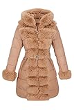 RISISSIDA Pufferjacke für Damen, Wintermantel mit Pelzfutter, mit langem Pelzkragen, mit Kapuze, kältebeständig, warmer Ledermantel, Obermaterial aus Aprikosenleder mit abnehmbarem Gürtel, L