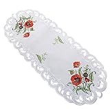 Tischdecke Roter Klatschmohn Stickerei Tischläufer Oval Polyester Creme weiß (45x110 cm)