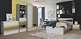 Jugendzimmer Divertido 6 teiliges Komplett Set in Weiß, Grau und Gelb von Forte mit Kleiderschrank, 120er Jugendbett, Schreibtisch, Kommode, Nachttisch und Standregal