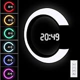 LED-Digital-Wanduhr mit Fernbedienung, CestMall USB-betriebene Nachtlicht-Wanduhr, 12/24 Stunden, Temperatur, 3 Helligkeiten, 7-Farben-RGB-Licht, Alarm und Schlummerfunktion, 12-Zoll-Spiegelhohluhr