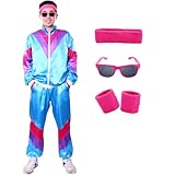 Metaparty 80s & 90s Blue Retro Tracksuit with Headband,Wristbands, Glasses for Carnival and Carnival Costume (S)