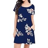 Damenkleid Casual Summer A-Line Knielanges Kleid Casual Kurzarm-Hemdkleid mit O-Ausschnitt und Taschen(XL,Blau)