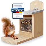 WILDLIFE HOME Eichhörnchen Futterhaus mit Metalldach I Futterstation aus verschraubtem Massiv-Holz I Wetterfest & Unbehandelt I Eichhörnchenhaus für Eichhö