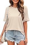 VEUNCOS Oversized Tshirts für Frauen Baumwolle Basic Tees Rundhals Casual Kurzarm Oberteile Creme S