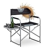 Relaxdays, schwarz Regiestuhl, klappbarer Campingstuhl für Garten, Festival & Angeln, Tisch mit Getränkehalter