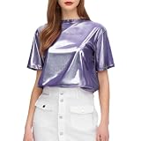Glänzendes T-Shirt Damen Metall Lackleder Bluse Oberteil Kurzarm Sommer Tshirt Einfarbig Modisch Tee Shirt Glitzer Unterhemd Top 70er 80er Disco Party Karneval Kostü