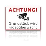 Videoüberwachung Warnschild - Achtung! Grundstück wird videoüberwacht - 300 x 200 x 3 mm - Hinweisschild Kameraüberwachung (Kunststoff Weiß)