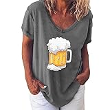 Frauen Sommer Top Damen Bier Festival Gedruckt V Ausschnitt Kurzarm Mode Trend T Shirt Top, grau, M