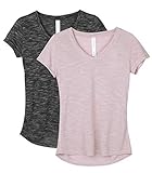 icyzone Damen T-Shirt Kurzarm V-Ausschnitt Yoga Tops Casual Sport Shirt 2er Pack (XXL, Black/Cameo Brown)