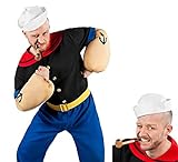 Popeye Comic Seemann Kostüm + Pfeife komplett - 7-teilig mit Hemd, Hose, Muskel-Armen, Matrosenmütze und Pfeife (L)