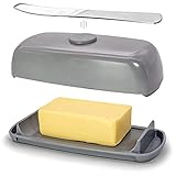 Butter Hub Extra große Butterdose mit Deckel und Messer, europäische Größe, magnetischer Butterbehälter, einfache Schaufel, kein Durcheinander, Kunststoff, spülmaschinenfest (grau)