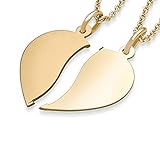 Herzkette für Paare Gold + inkl. GRATIS Luxusetui mit Gravur + geteilt 2 Hälften Herzketten für Pärchen Kette Paarkette Herzanhänger gebrochen Gelbgold 333er Goldkette FF411 GG33345