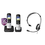 Panasonic KX-TGH722GS Schnurlostelefon Duo mit Anrufbeantworter (DECT Telefon, strahlungsarm, Farbdisplay, Anrufsperre, Freisprechen) schwarz & RP-TCA430E-S Headset für KX-TGxx Serie, Grau