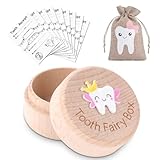HOTUT Tooth Fairy Box,Zahndose Milchzahndose,Zahn Andenkenbox,Holz Milchzähne Box mit 3D geschnitzte Holzkiste,Zahndose Milchzähne Enthält 1 Zahndose, 1 Zahnfee-Beutel und 10 Zahnfee-Zertifik