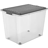 Rotho Compact Aufbewahrungsbox 70l mit Deckel und Rollen, Kunststoff (PP) BPA-frei, grau/transparent, A3/70l (57.0 x 39.5 x 43.5 cm)
