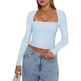 Geagodelia Damen Langarmshirt Longsleeve Top Elegant Oberteil Y2k Fashion Aesthetic Clothes Langarm T-Shirt Bluse Outfit Skims Dupe Frühling Sommer (D - Hellblau, S)