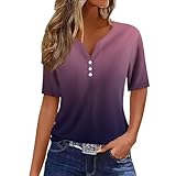 2025 Basic Rundhals T-Shirt für Damen Sommer Oberteile Bequeme Blusenshirt Sommermode Top Bedruckte Bluse Lässige Hemd Knopfleiste Design Party Blusentops Kurzarm Tee Tops(Dark Purple,XXL)