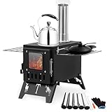 qorkhogr Holzofen, zusammenklappbar, tragbar, für Camping, Heißzelt, mit 5 Kaminrohren für Outdoor, Camping, Kochen, Heizen, Grillen, Wandern, Angeln, Jagd, Schw