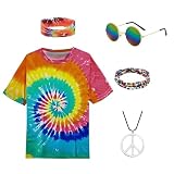 Hippie-Kostüm für Herren Damen Buntes T-Shirt mit Sonnenbrille Peace Halskette Anhänger Batik Stirnband, Armbänder für Halloween Fasching Karneval Mottoparty (GELB, XL)