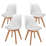 VADIM 4er Set Esszimmerstühle, Moderne Küchenstuhl, Schalenstuhl Weiss mit Beinen aus Massiv-Holz, Buche, skandinavisches Retro-Design, Weiß