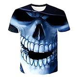 Herren T-Shirt 3D Blauer Schädel Druck Sommer Tshirt Casual Unisex Lustiges Kurze Ärmel Rundhals Tee Shirt Tops-XL