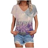 Kurzarm Bluse Damen Lässige V-Ausschnitt T-Shirt 3D Blätter Bedruckt Kurzarmbluse Lockere Blusentop Frühjahr Sommer Tshirt Teenager Mädchen Sommerbluse Oberteile für Party Sp