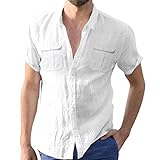 Leinenoptik Herren Kurzarm Freizeithemd Button Down Kurzarmhemd Fronttasche Regular Fit Henley Shirt Sommer Hawaiihemd Freizeit Reise Hemden Sommer Einfarbig Basic Shirt for Männer