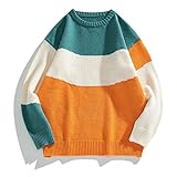 Lässiger Herren-Pullover mit Kontrastfarben, Patchwork-Strick, Rundhalsausschnitt, für den täglichen Gebrauch, Orange 2XL