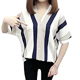 Bluse Damen Mode Streifen Shirt Kurzarm V-Ausschnitt Freizeit Lose Top (4XL,blau)
