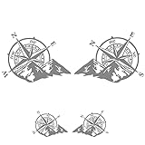 Sticker Mimo Wind-Kompass mit Bergen für Motorrad, Boot, Auto, 4 x 4, Helm, Wohnmobil und Caravan, Aufkleber für Auto und Motorrad (Silber 10 cm)
