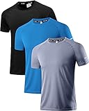 Holure Herren 3er Pack Sports Atmungsaktiv Schnelltrocknend Kurzarm T-Shirts Schwarz/Grau/Blau XL