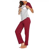 Umstandsschlafanzug Damen Schlafanzüge für Schwangere Stillpyjama Umstandspyjama Stillschlafanzug Kurzarm Stillshirt und Hose Set Sommer S-XXL/XL Rot