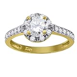 Damen-Ring aus 14-karätigem Gold, zweifarbiger Zirkonia, künstlicher Diamant, Halo, runder Stein, weißer Stein, Ehering, Verlobungsring, Schmuck für Frauen, Edelstein, Zirk