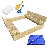 Sandbox 120x120cm Sandkasten mit Deckel Sandkiste mit Sitzbänken Holz Spielzeug