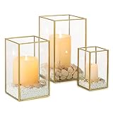 NUPTIO Glas Windlicht Kerzenständer Gold: Set von 3 Metall Stumpenkerzen Kerzenhalter Gehärtetes Glas Laternen Outdoor für Hochzeit tischdeko Weihnachten Halloween Wohnzimmer Tischp