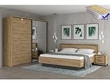 expendio Schlafzimmer Thore 61A Artisan Eiche 4-teilig Doppelbett 180x200 mit 2X Nako Rost Matratze Schwebetürenschrank LED