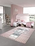 Merinos Kinderteppich Hüpfspiel Teppich Hüpfkästchen in Rosa Grau Creme Größe 120x170 cm