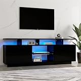 Merax TV Board TV-Schrank mit LED-Beleuchtung, Hochglanz Lowboard Fernsehtisch TV-ständer für Fernseher bis zu 60 Zoll, mit Klapptür, Glasregal, Griffloses Design, 140cm, für Wohnzimmer, Schw