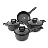 KOPF Topfset Aluguss Thermo Pro, Alu Induktion Kochtopf Set mit Teflon Classic Antihaftbeschichtung, Marmor-Optik, Geeignet für alle Herdarten, 3 Töpfe mit Glas-Deckel + Pfanne / 7-teilig Schw
