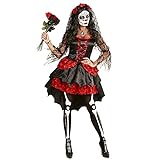 Widmann - Kostüm Braut, Dia De Los Muertos, Kleid, Schleier mit Blumen, Halloween, Karneval, Mottoparty