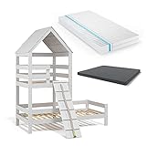 VitaliSpa Kinderbett Teddy 90x200cm Spielturm Bett Spielbett Jugendbett Hausbett inklusive Matratze Natur (Weiß)