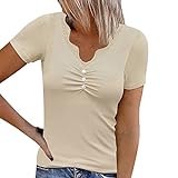 Frauen Casual Solid Color Top Shirt V-Ausschnitt Knopf Kurzarm Strickspleiß Shirt Mode Casual Soft Bluse Top Kurzes Top (M,Khaki)