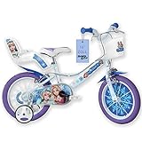 Dino Bikes – 16 Zoll Kinderfahrrad Eiskönigin – Mädchen Fahrrad mit abnehmbaren Stützrädern ab 4 Jahren – Kinderrad mit Frontkorb & Puppenträger – verstellbare Sattel- & Lenkerhöhe (Weiß-Blau)