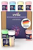 Fluoreszierende Schwarzlicht Farbe - 8x Knallige Neon Farbe für Wände, Kunst und weiteres MADE IN GERMANY - Tag und UV Leuchtfarbe - UV Farbe für leuchtende Deko - Fluoreszierende Farbe von UVibe