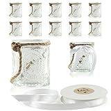 WeddingTree 12 x Windlicht Glas mit Bügel und Dekoband weiß - Teelichtgläser - Einfach Abnehmbarer Metallbügel - Deko für Hochzeit (Romantik klein)