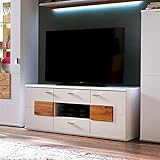 ALIDAM Tv Schrank Fernsehschrank Holz TV-Board Lowboard Unterteil matt weiß Lack Wildeiche massiv 140 cm Fernsehtisch