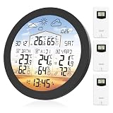 Uzoli Wetterstation funk mit 3 Außensensoren DCF Funkuhr Wettervorhersage 6,5' Farbdisplay Innen Außen Thermometer Hygrometer Luftdruck Komfortstufe Schimmelrisiko Benutzerdefinierte Benennung- EM3567